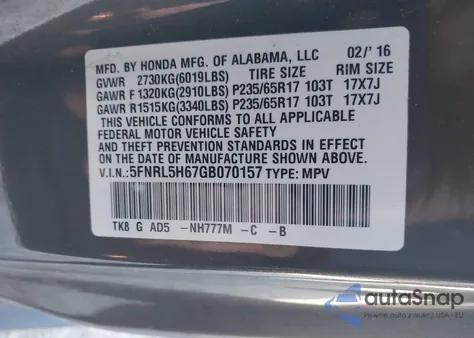 2016 Honda Odyssey Ex-L из США, поврежденный, VIN 5FNRL5H67GB070157